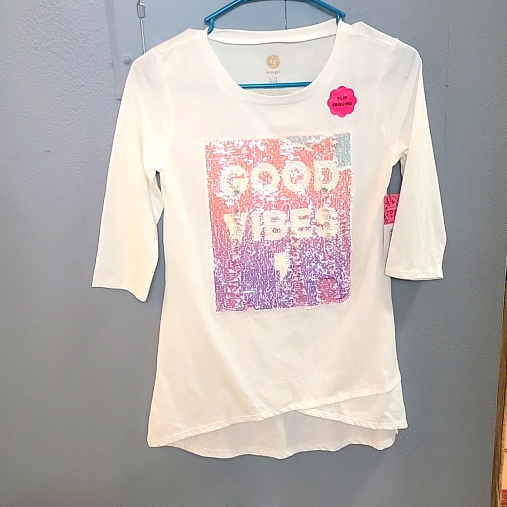NWT Total Girl Good Vibes/Fun Times Flip-Sequin 3/4 Sleeve Shirt